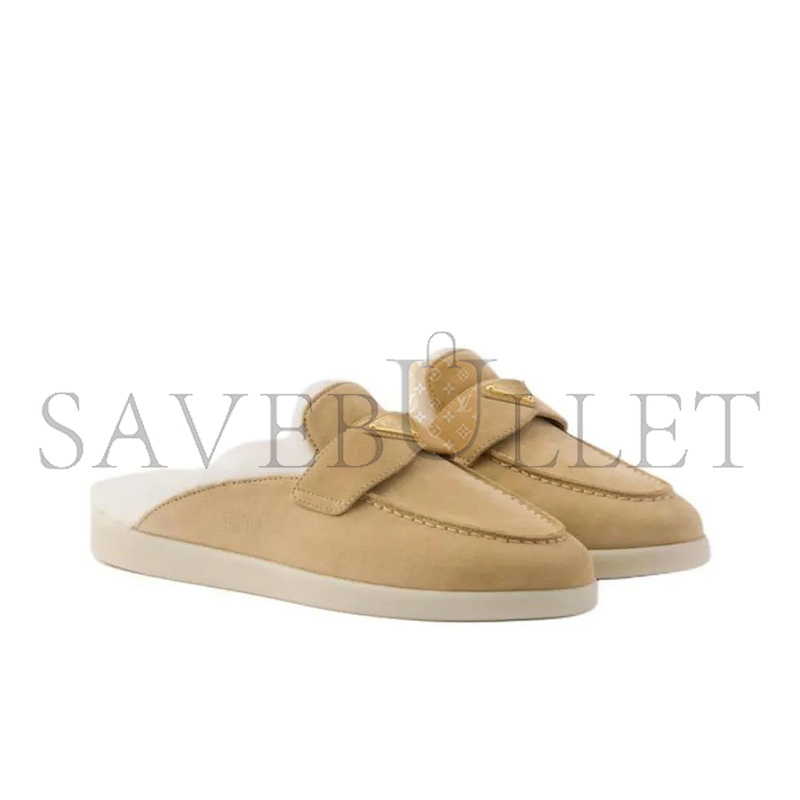 PRADA SUEDE AND SHEARLING MULES 1D270N